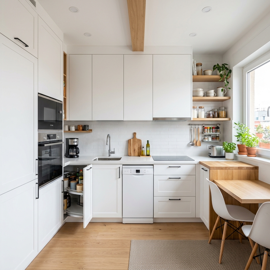 Petite cuisine lumineuse avec rangements jusqu'au plafond