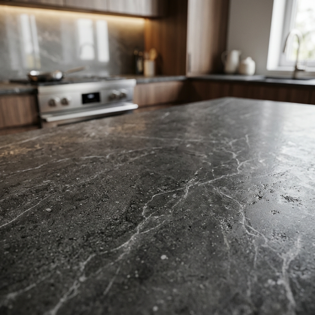 Macro texture d'un plan de travail de cuisine haut de gamme en pierre Dekton
