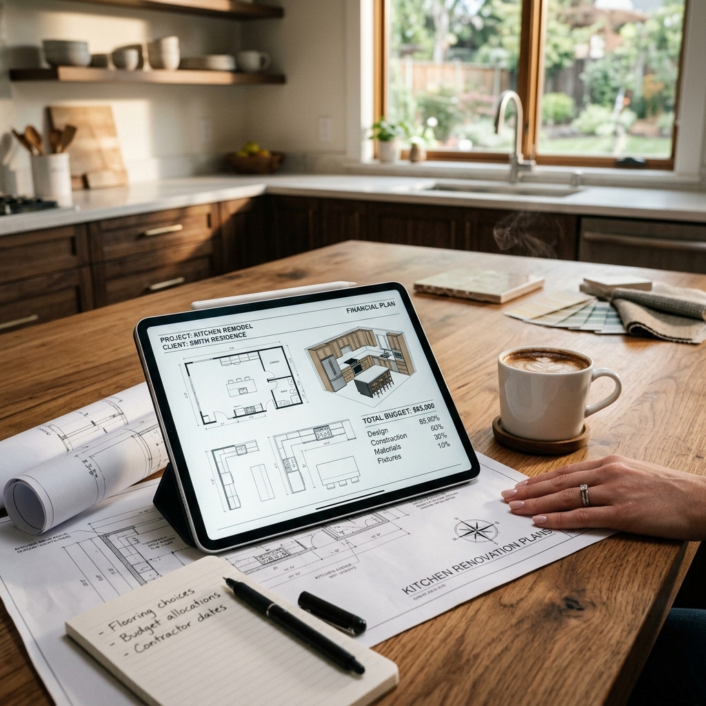 Planification financière et plans d'architecte pour la rénovation d'une cuisine