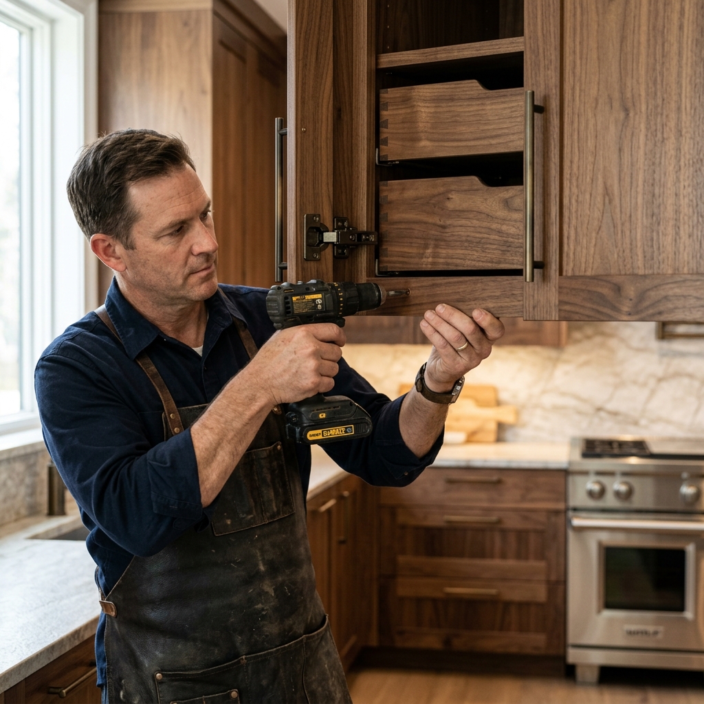 Artisan posant une cuisine sur mesure en bois